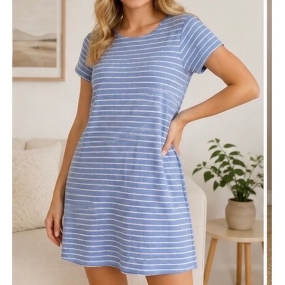 Sail to Sable Women XL Blue White Nautical Short Sleeve Shift Dress Old Money